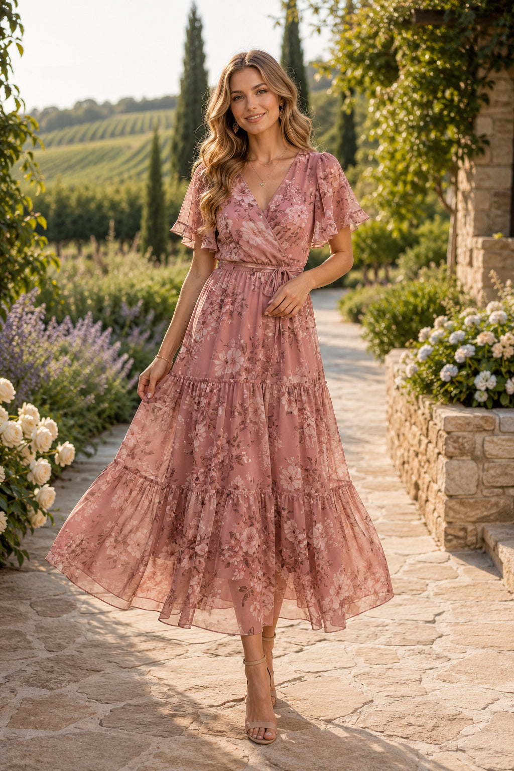 Dusty Rose Boho Wedding Guest Sheath Dress front view