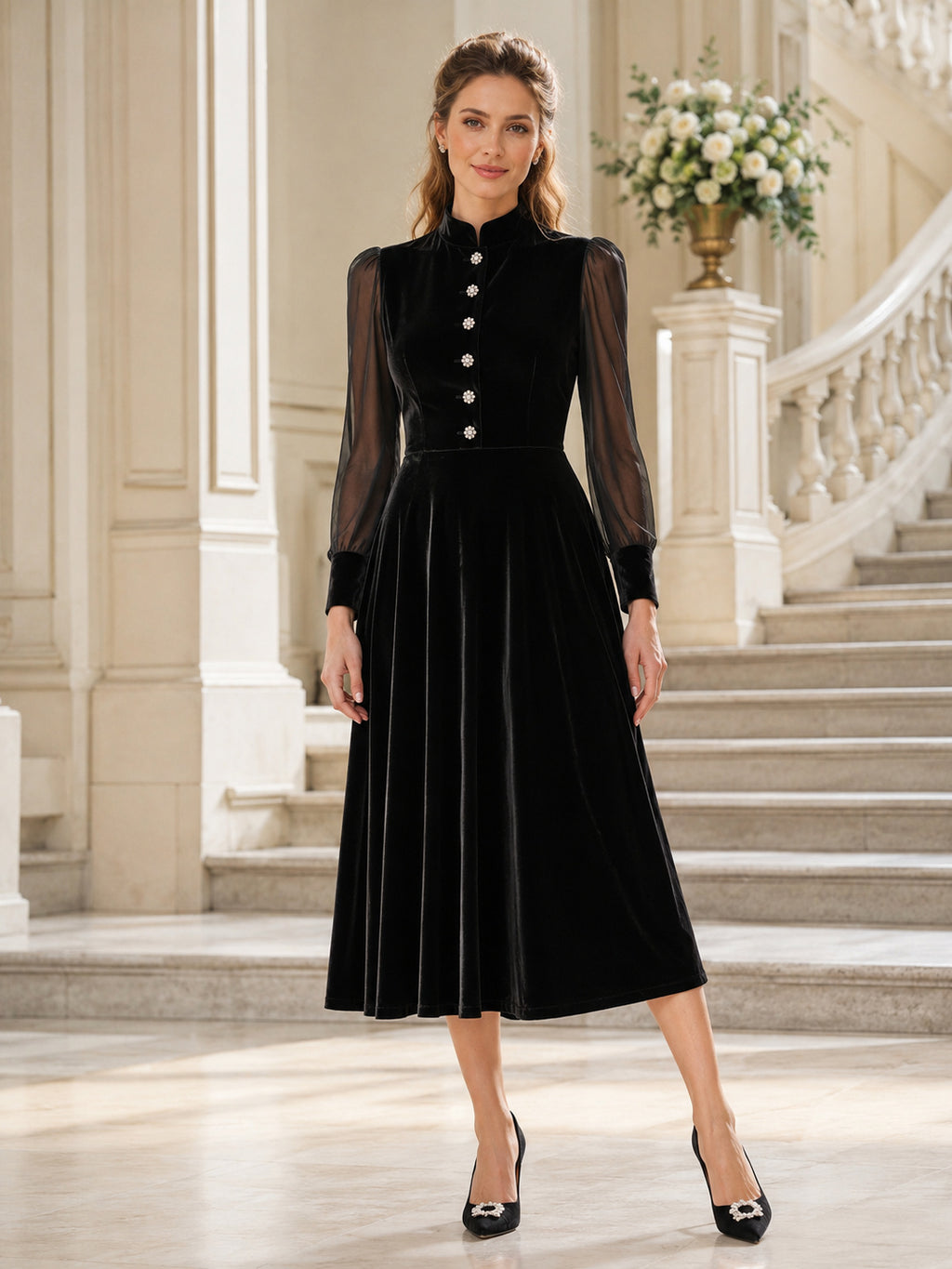 Black High Neck Sheer Puff Sleeve Button Velvet Guest Dress front view