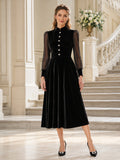 Black High Neck Sheer Puff Sleeve Button Velvet Guest Dress front view