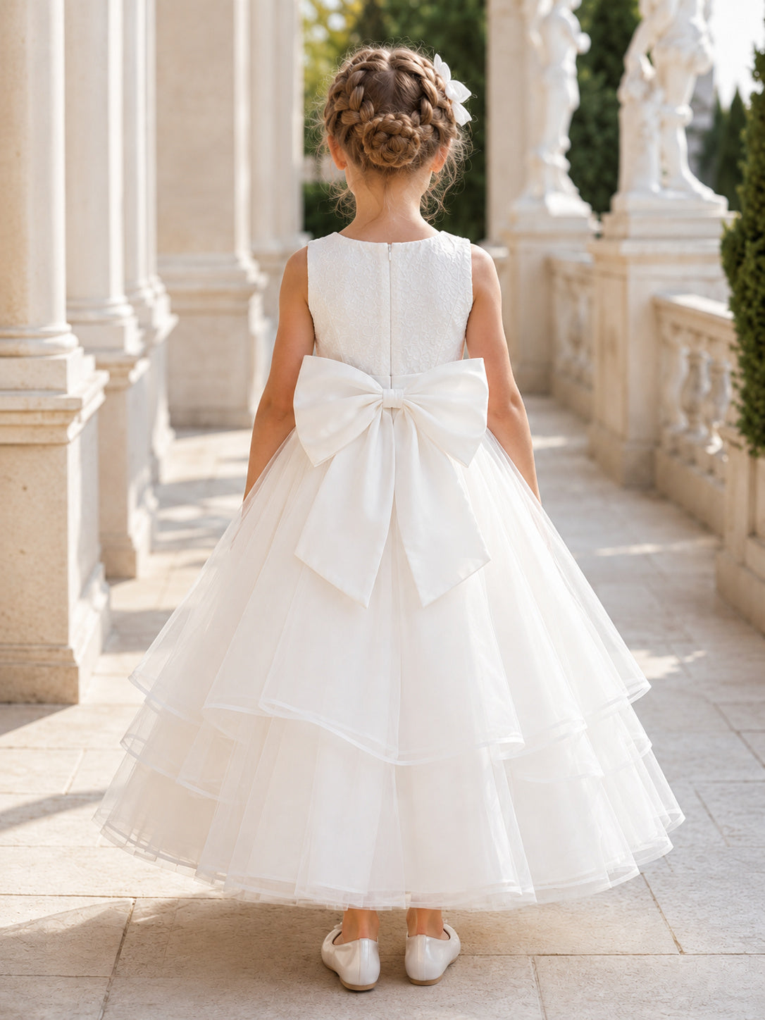 Flower Girl Dress Ivory Tulle A-Line Sleeveless Jewel Neck Tea Length Tiered Skirt back view