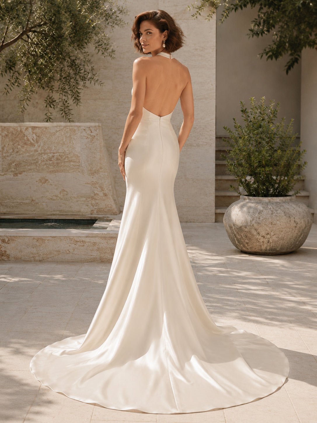 Minimalist Satin Wedding Dress Mermaid Halter Sleeveless Sweep Train Bridal Gown Style 722224 back view