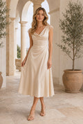 Champagne Cowl Neck Satin Tea Length Wedding Dress for Wedding Reception and Party front view