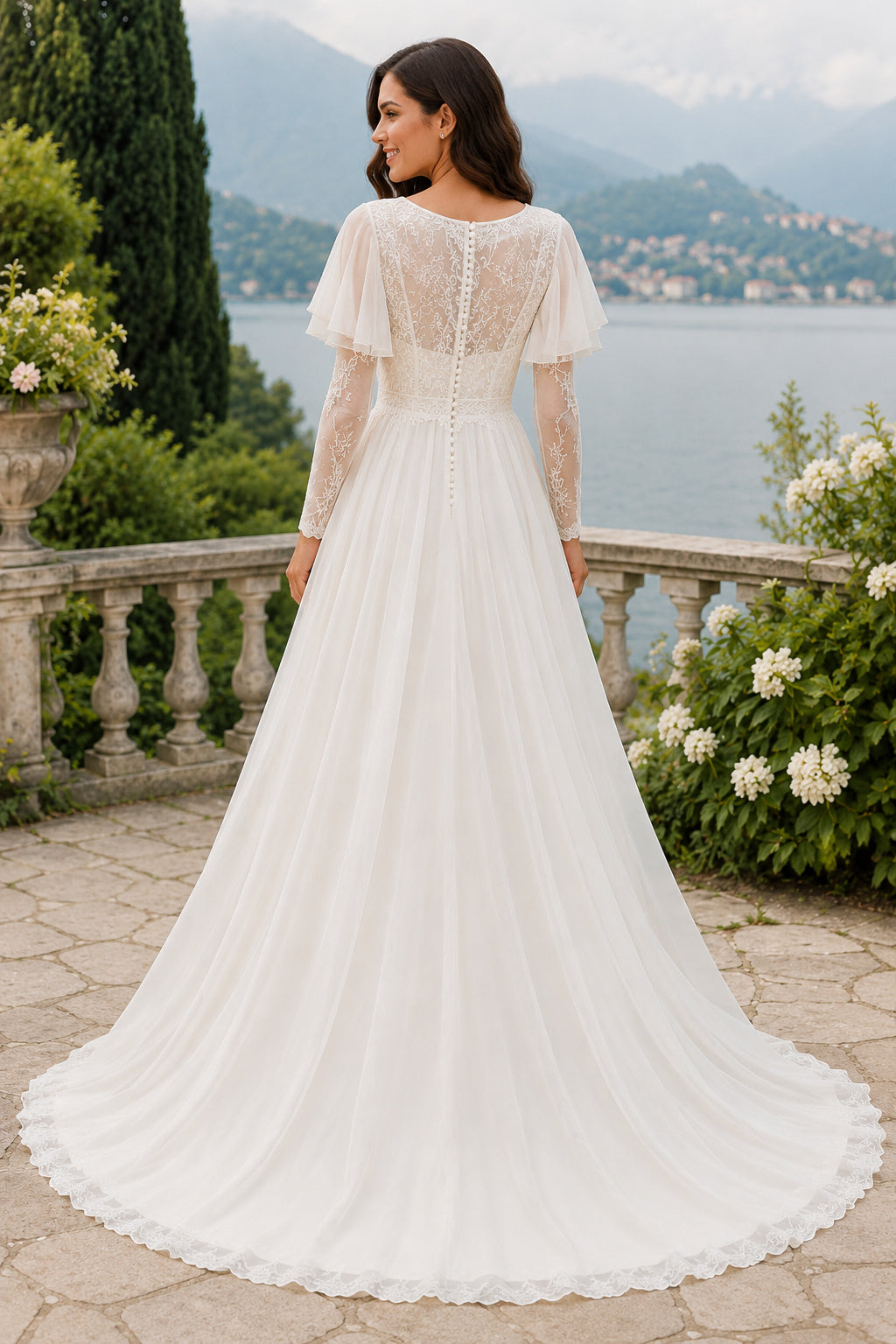 Bateau Short Sleeve A-Line Wedding Dress with Lace Bodice and Chiffon Train for Beach Garden Ceremony back view