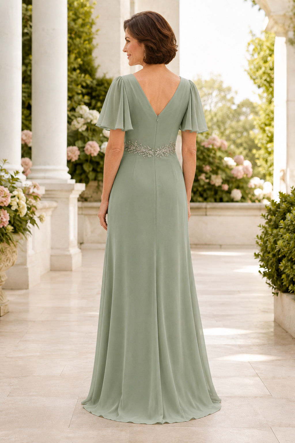 Sage V-Neck Chiffon Sheath Mother Dress with Flutter Sleeves and Beaded Waist back view