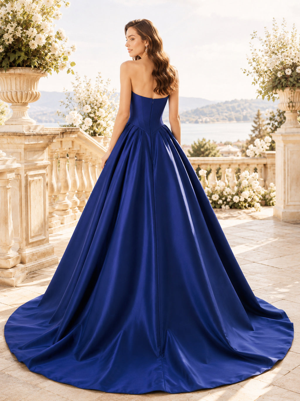 Deep Royal Satin Strapless Sweetheart Basque Ball Wedding Gown back view