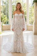 White Bateau Short Sleeves A-Line Satin Floor-length Wedding Dress With Front Slit and Beaded Waist and Open Back