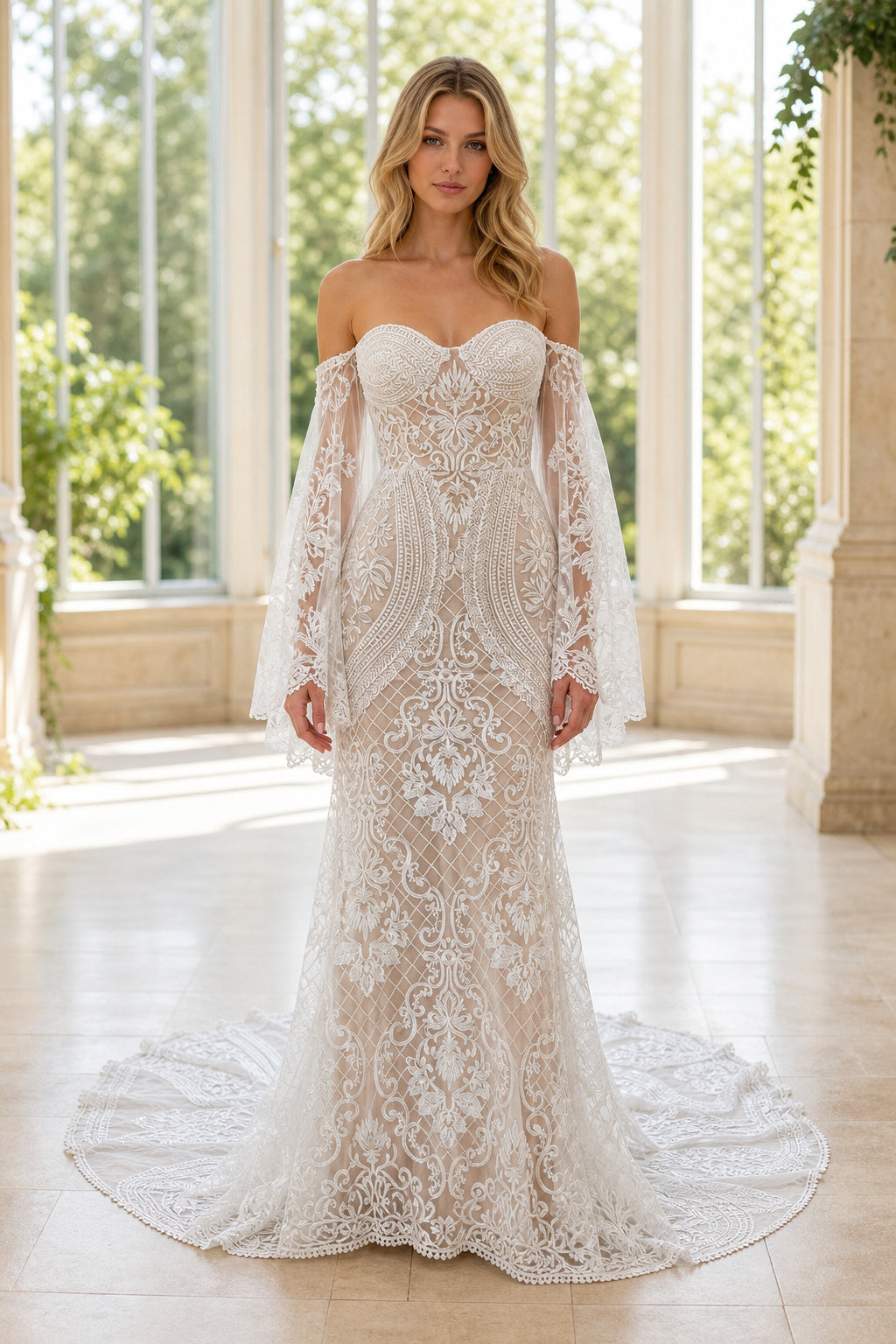 White Bateau Short Sleeves A-Line Satin Floor-length Wedding Dress With Front Slit and Beaded Waist and Open Back