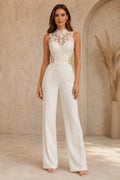 Ivory High Neck Sleeveless Lace Satin Floor-Length Bridal Jumpsuit with Illusion Lace Bodice and Wide Leg Pants front view