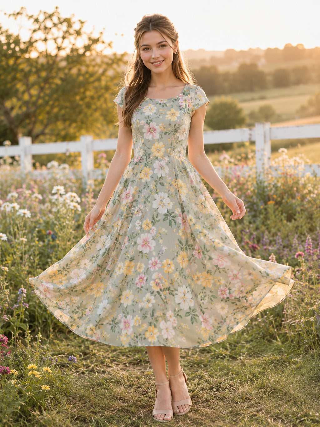 Sage Floral Cap Sleeve Country Garden Tea Dress front view