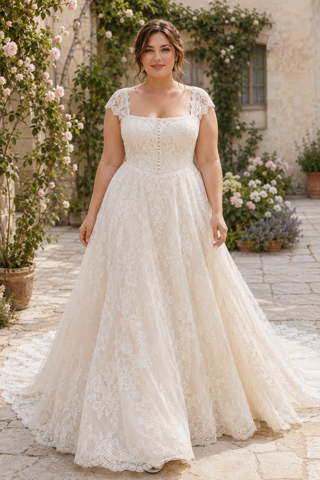 Ivory Plus Size Cap Sleeve Lace A-Line Wedding Dress with Square Neck and Soft Train front view