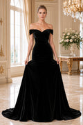 Black off the shoulder velvet ball gown with sweetheart neckline and full skirt Floor-length And Sweep/Brush Train Ball Gown