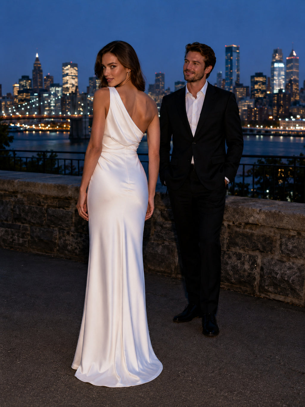 White One Shoulder Satin Sheath City Bridge Photo Dress back view