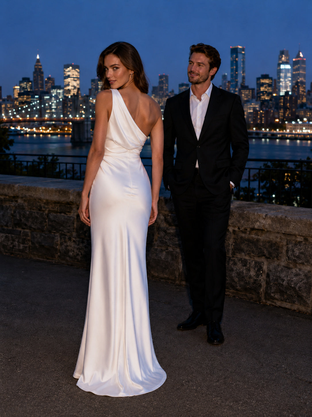 White One Shoulder Satin Sheath City Bridge Photo Dress back view