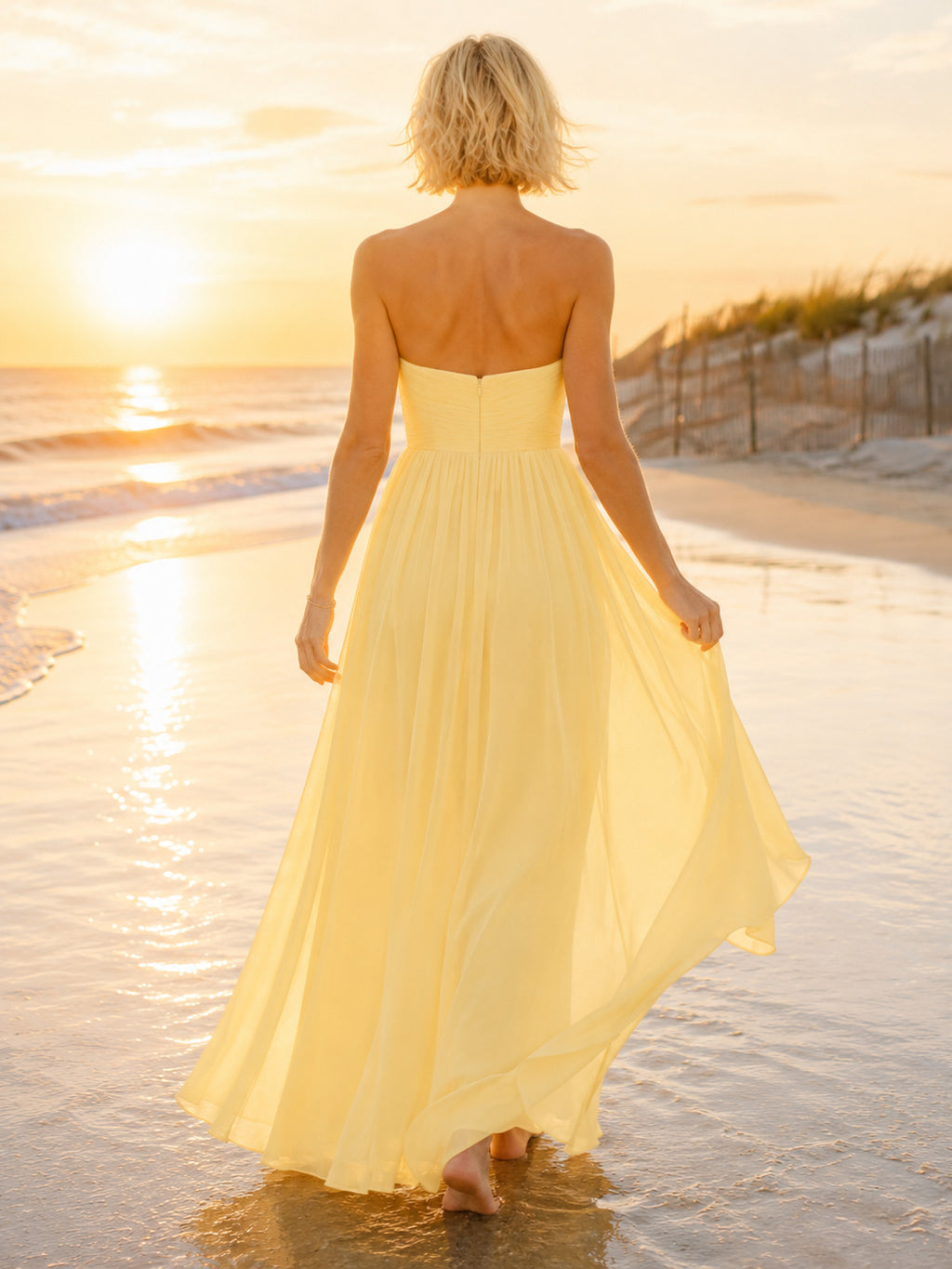 Soft Yellow Strapless Chiffon Flowing Beach Evening Gown back view