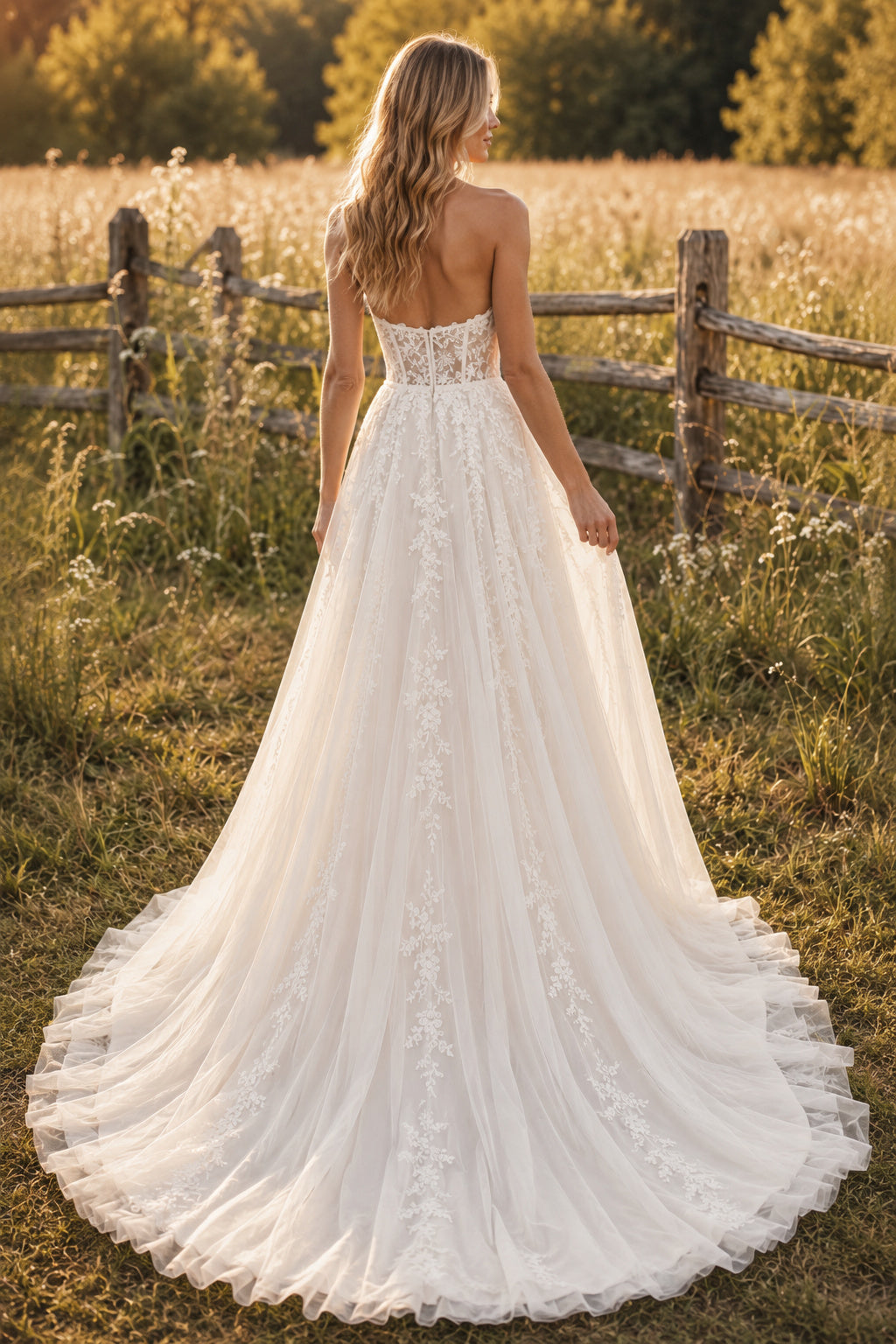 Strapless Sweetheart A-Line Wedding Dress with Lace Bodice and Tulle Sweep Train back view