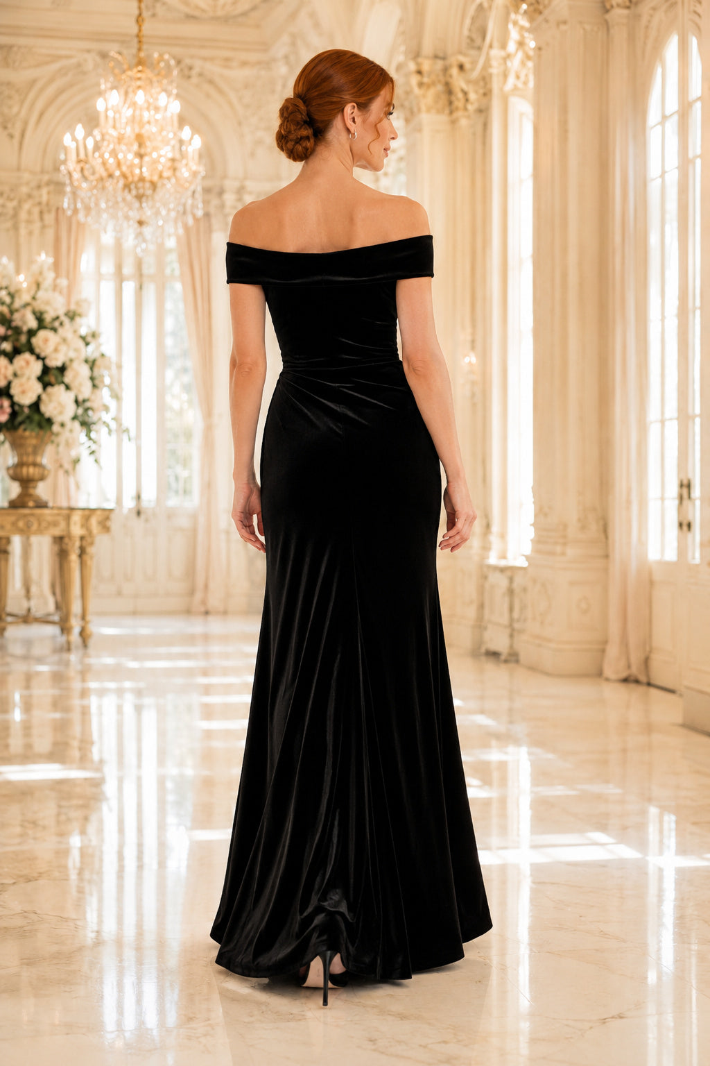 Black Off-the-Shoulder Velvet Sheath Evening Dress with High Slit and Floor Skirt back view
