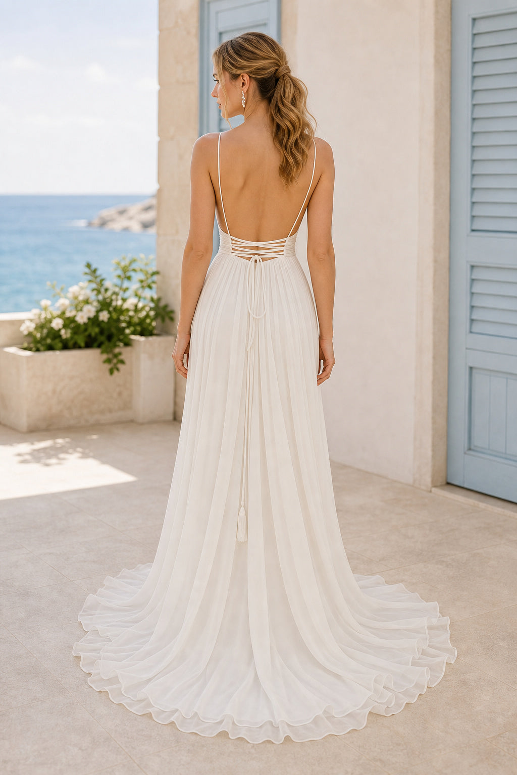 White Halter A-Line Chiffon Floor-length Wedding Dress With Front Slit and Pleats and Lace-up Back