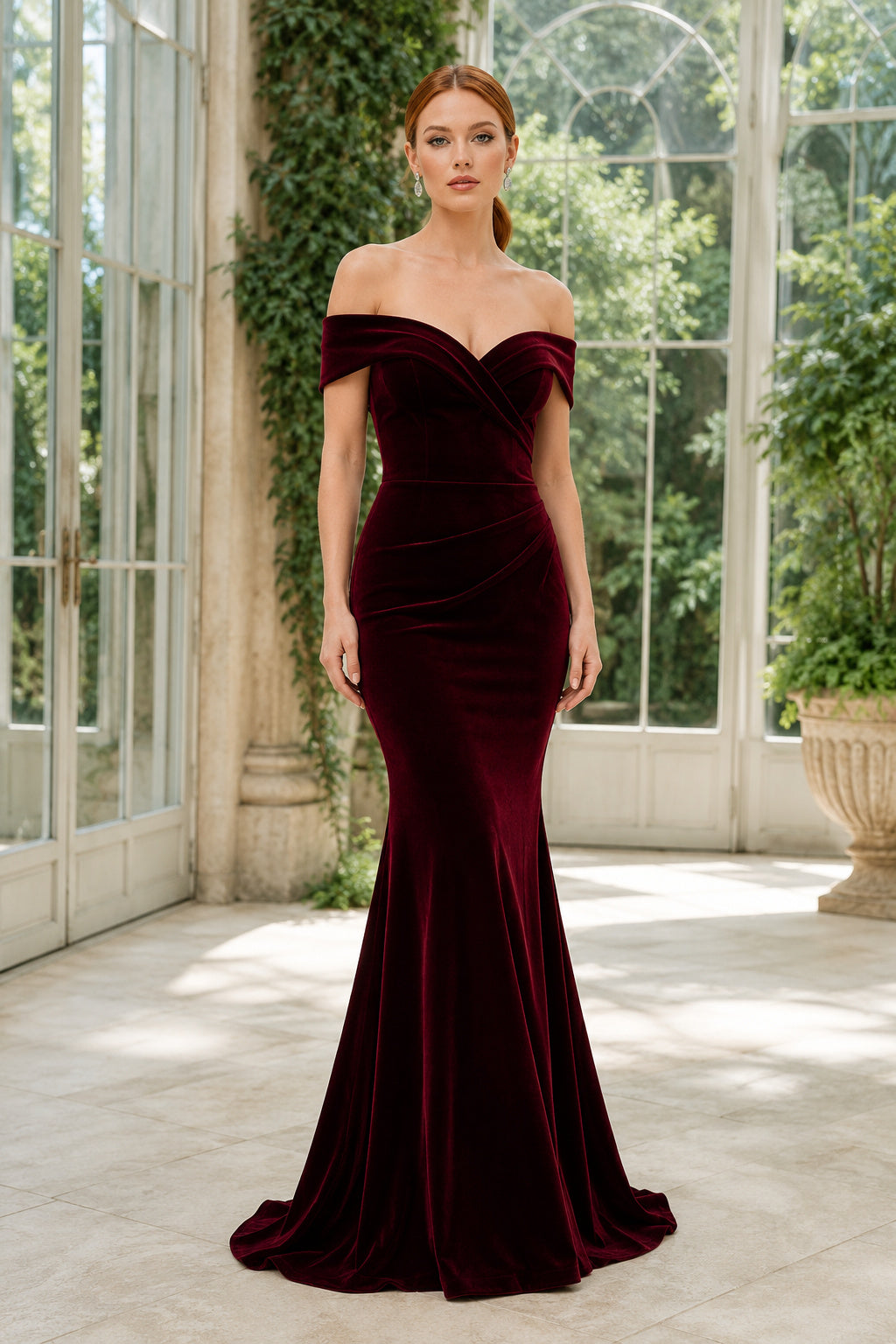 Burgundy Velvet Off-the-Shoulder Mermaid Evening Dress with Sweetheart Neckline front view