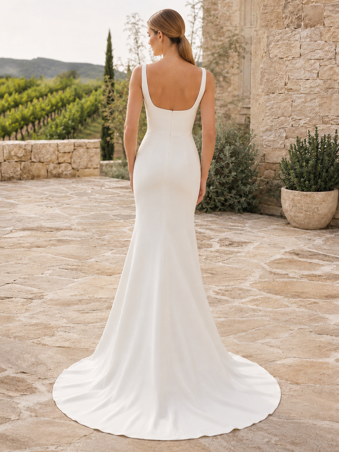 Country Satin Wedding Dress Mermaid Square Neck Sleeveless Floor Length Low V Back Bridal Gown back view