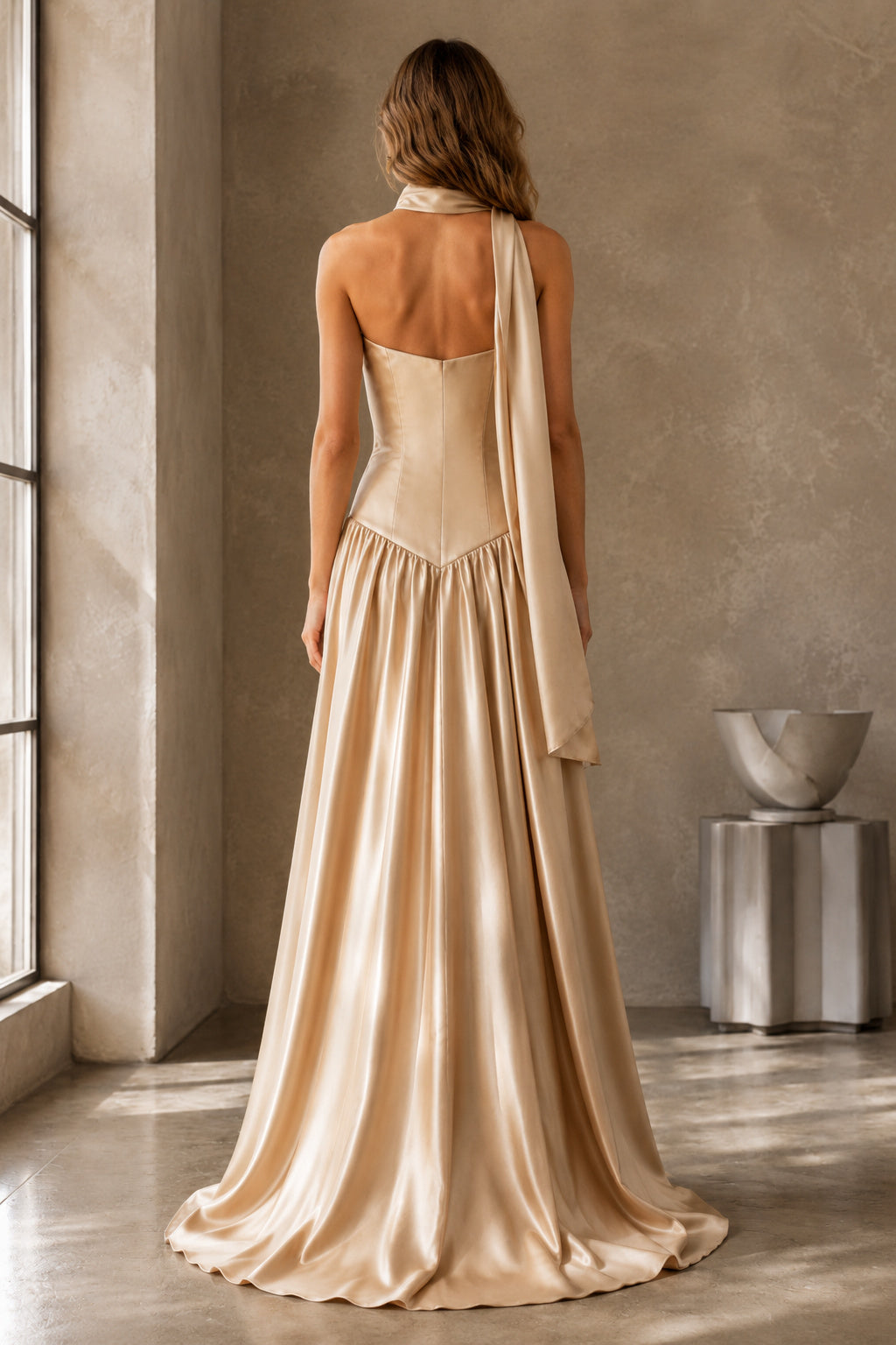 Champagne Strapless Satin A-Line Formal Dress back view