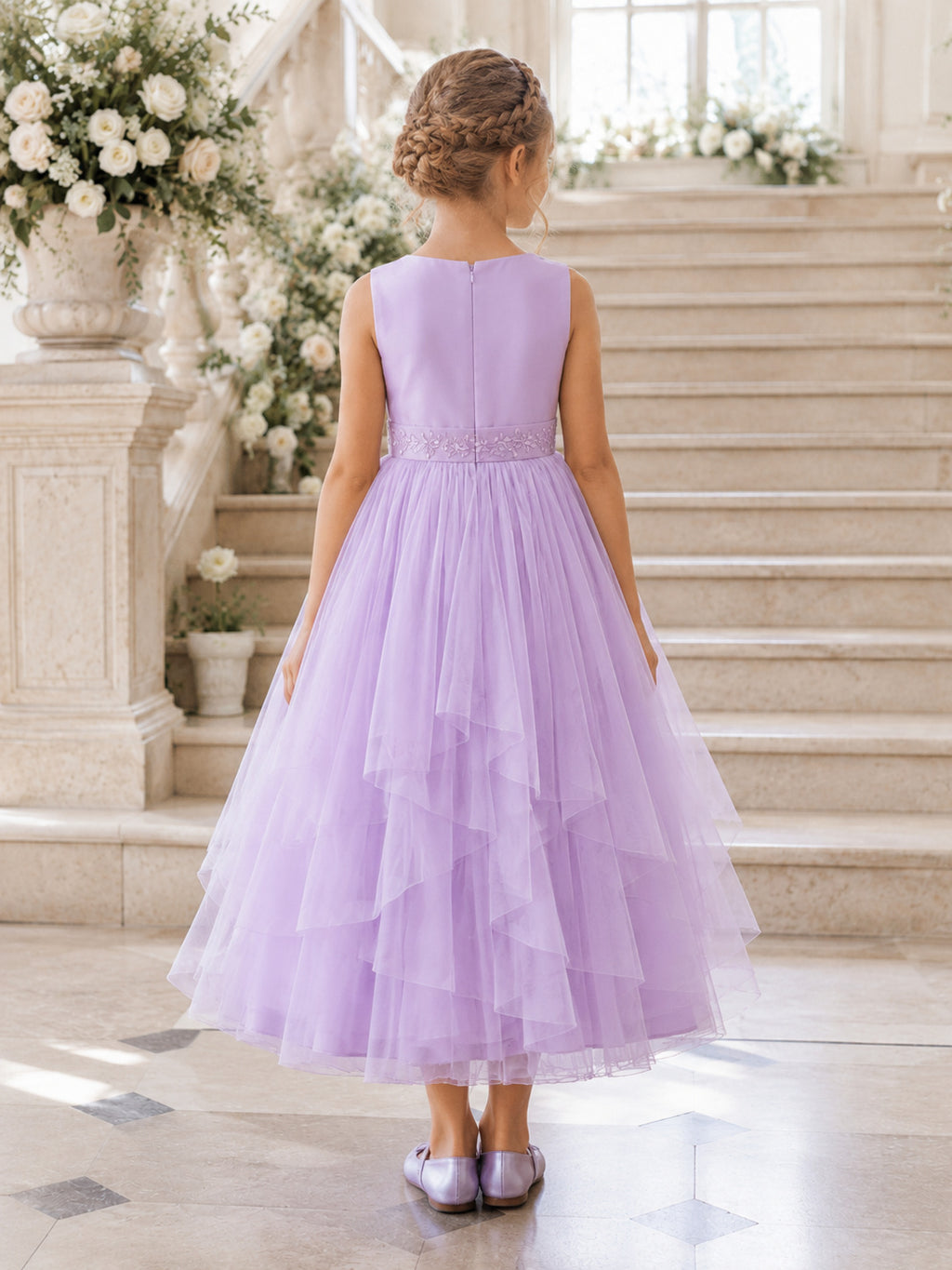 Flower Girl Dress Lavender Tulle A-Line Scoop Neck Tea Length Tiered Skirt back view