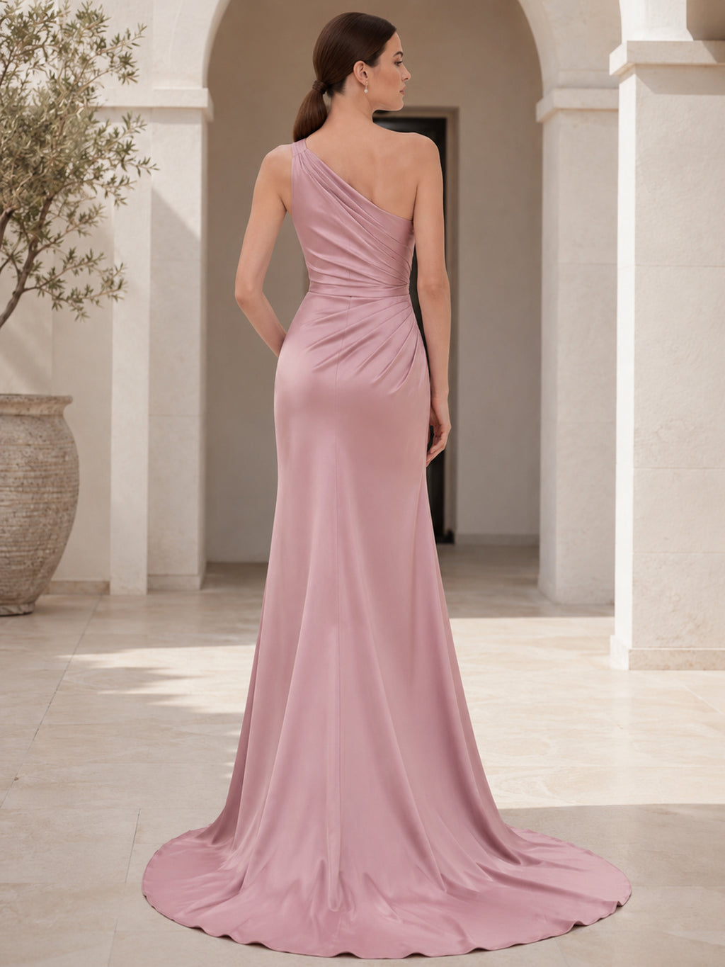 Dusty Rose One Shoulder Draped Satin Sheath Court Train Wedding Dress back view