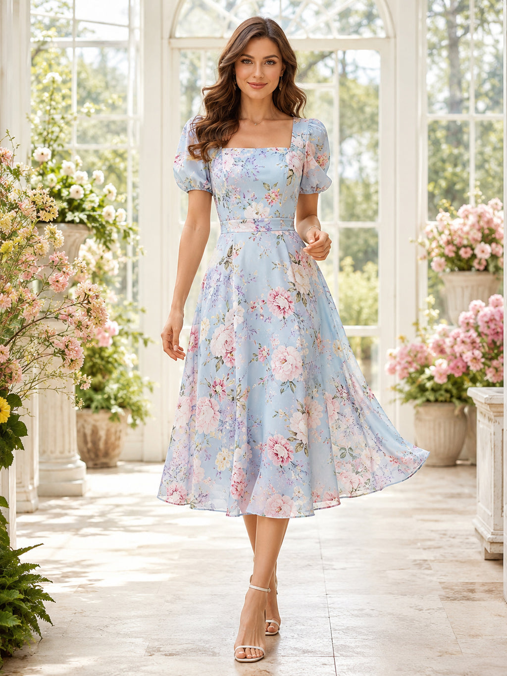 Blue floral square neck puff sleeve midi A-line shower dress front view