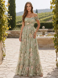 Sage Floral Off Shoulder Chiffon Ruffle Maxi Guest Dress front view