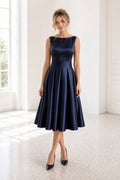 Navy Bateau Sleeveless A-Line Satin Tea-Length Dress