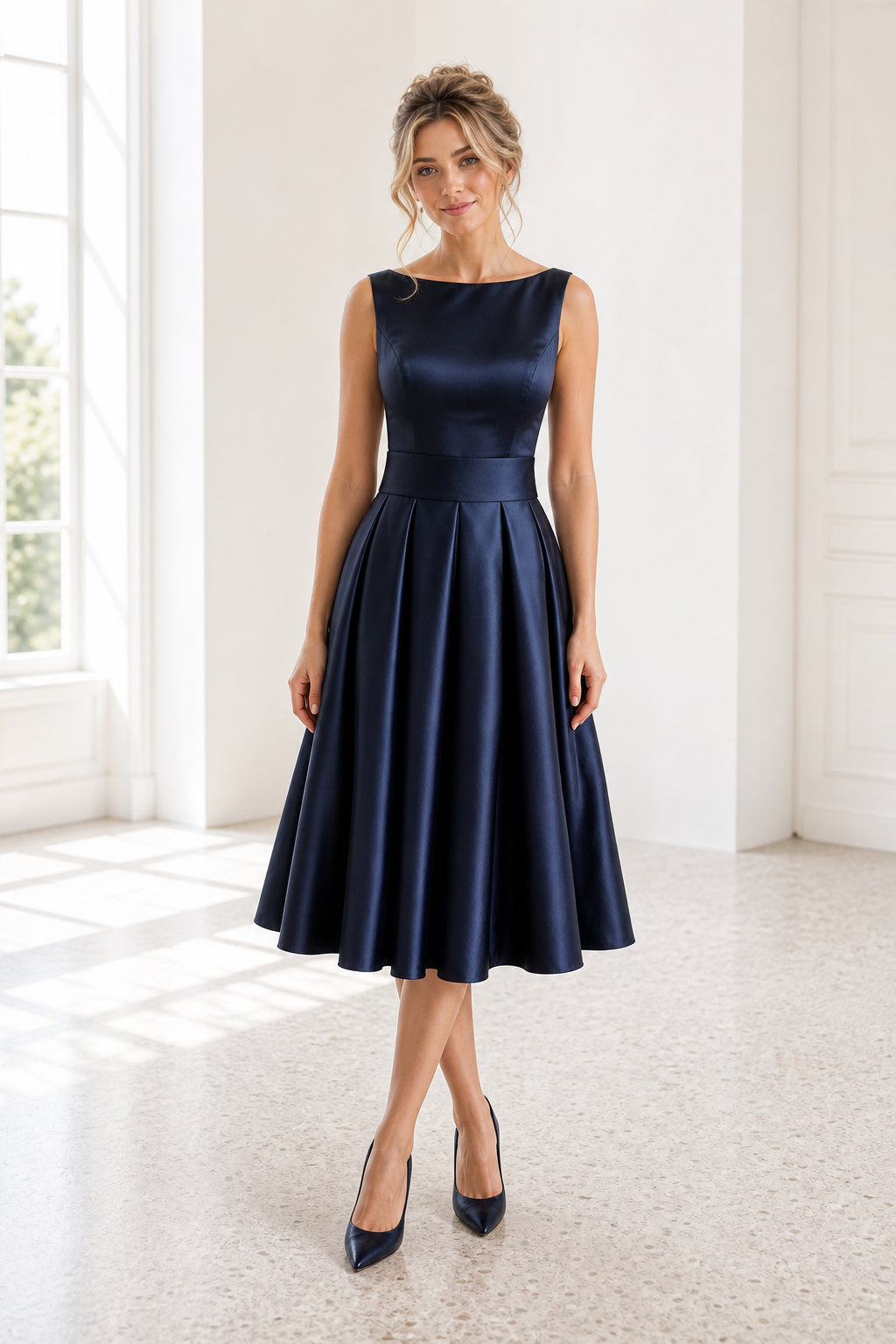 Navy Bateau Sleeveless A-Line Satin Tea-Length Dress