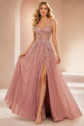 Dusty Rose Spaghetti Strap Glitter Tulle A-Line Prom Dress with Front Slit front view