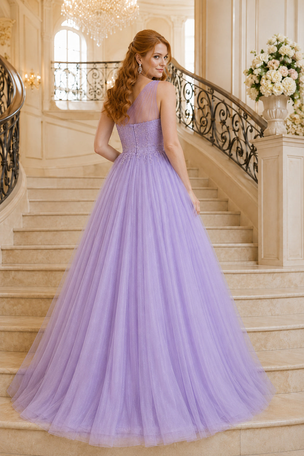 Lavender One-Shoulder Tulle Ball Gown with Embellished Bodice back view