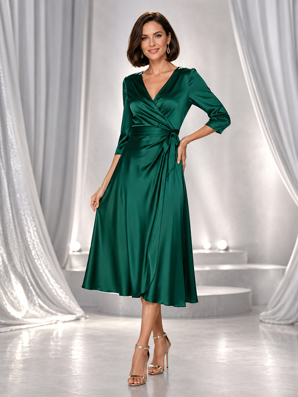 Emerald satin V-neck wrap three quarter sleeve midi dress front view