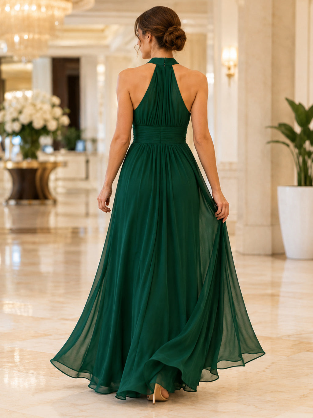 Dark Green Halter Chiffon A Line Formal Dress back view