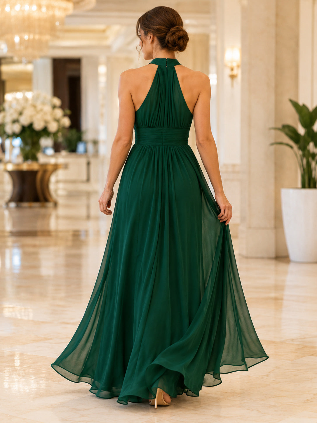 Dark Green Halter Chiffon A Line Formal Dress back view