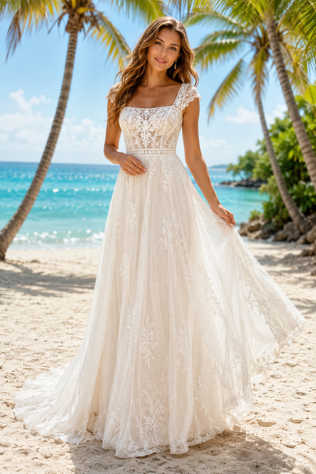 Ivory Cap Sleeve Scoop Neck Lace Tulle A-Line Wedding Dress for Bridal Ceremony and Reception front view