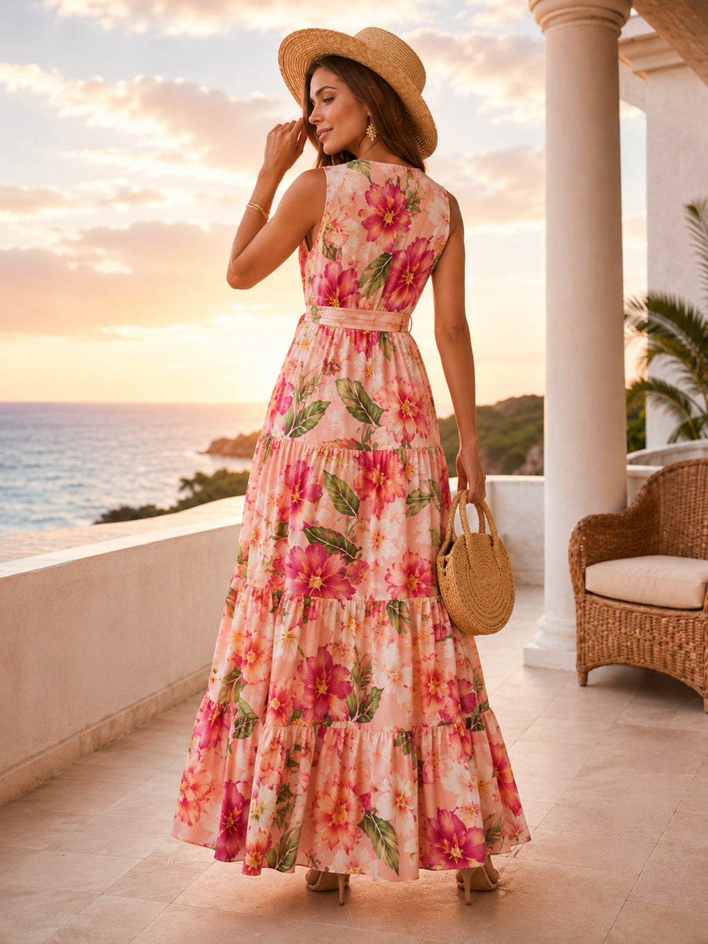 Pink Caribbean Floral V Neck Tiered Chiffon Maxi Guest Dress back view