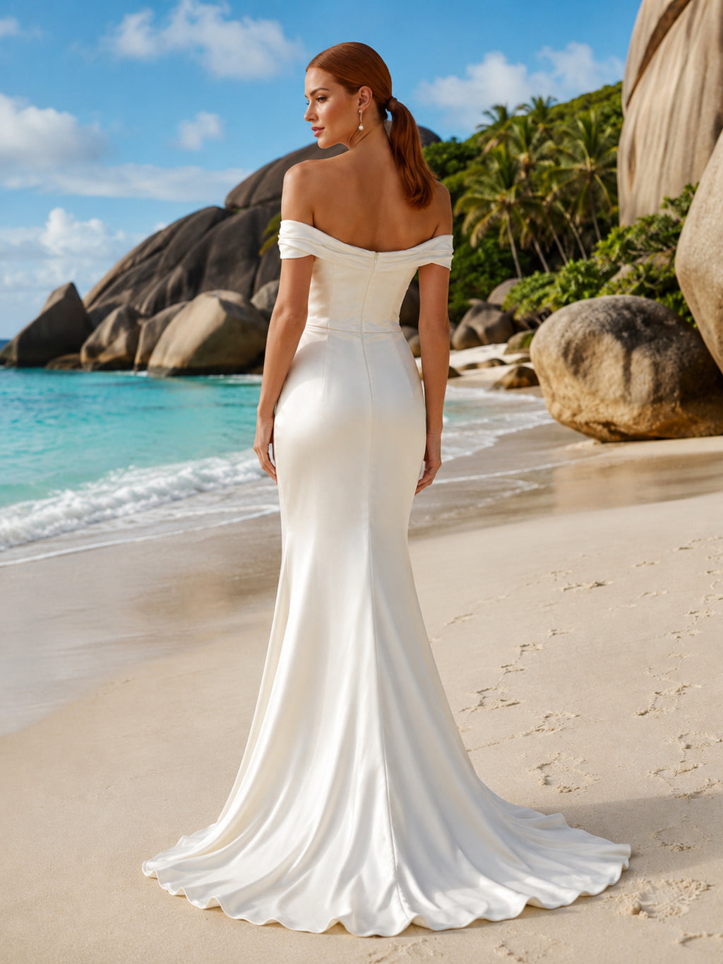 Modern Off Shoulder Satin Mermaid Split Front Chapel Train Destination Wedding Gown back view