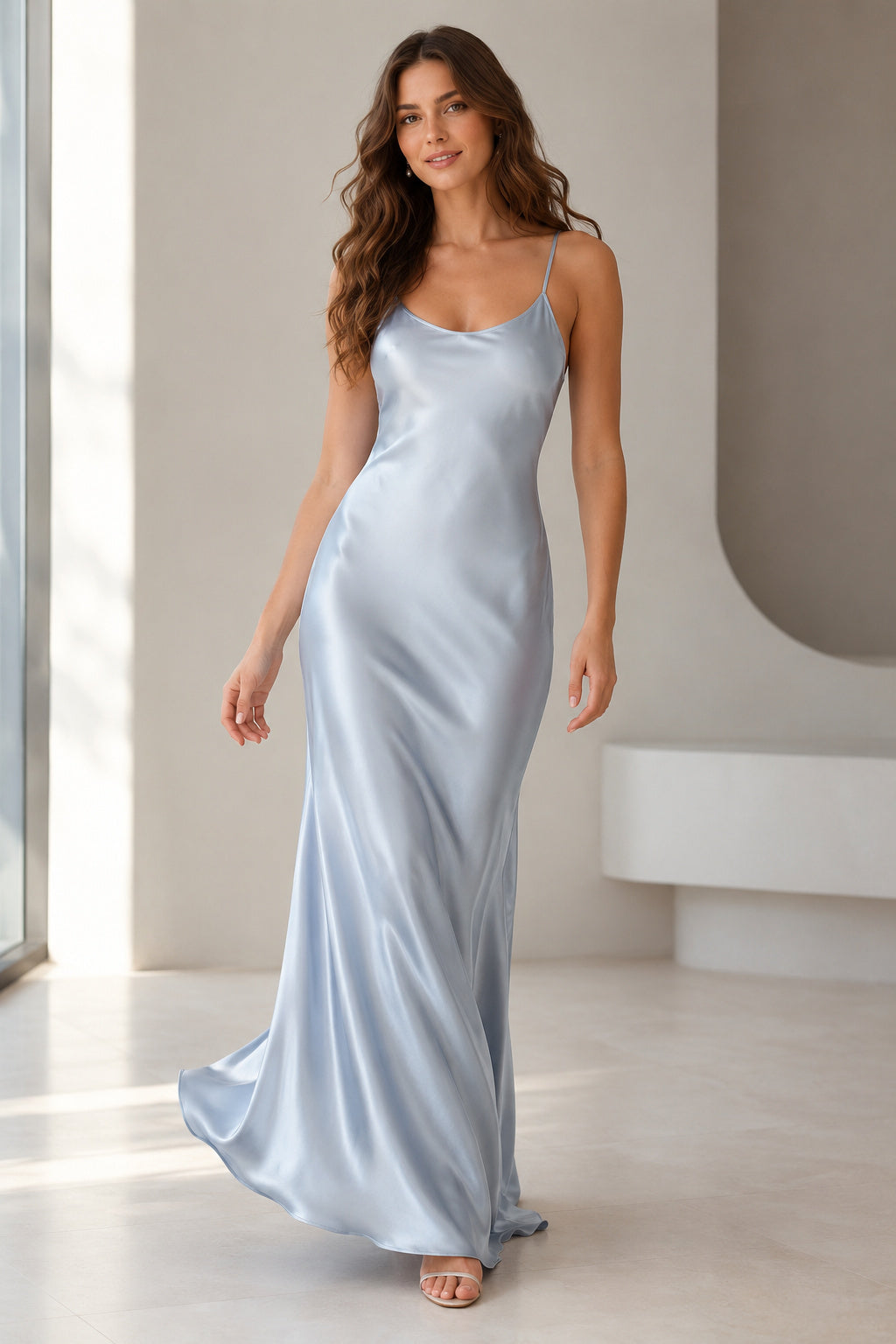 Evening Gown Sky Blue Satin Sheath Cowl Neck Sleeveless Draped Floor Length Style 340061 front view