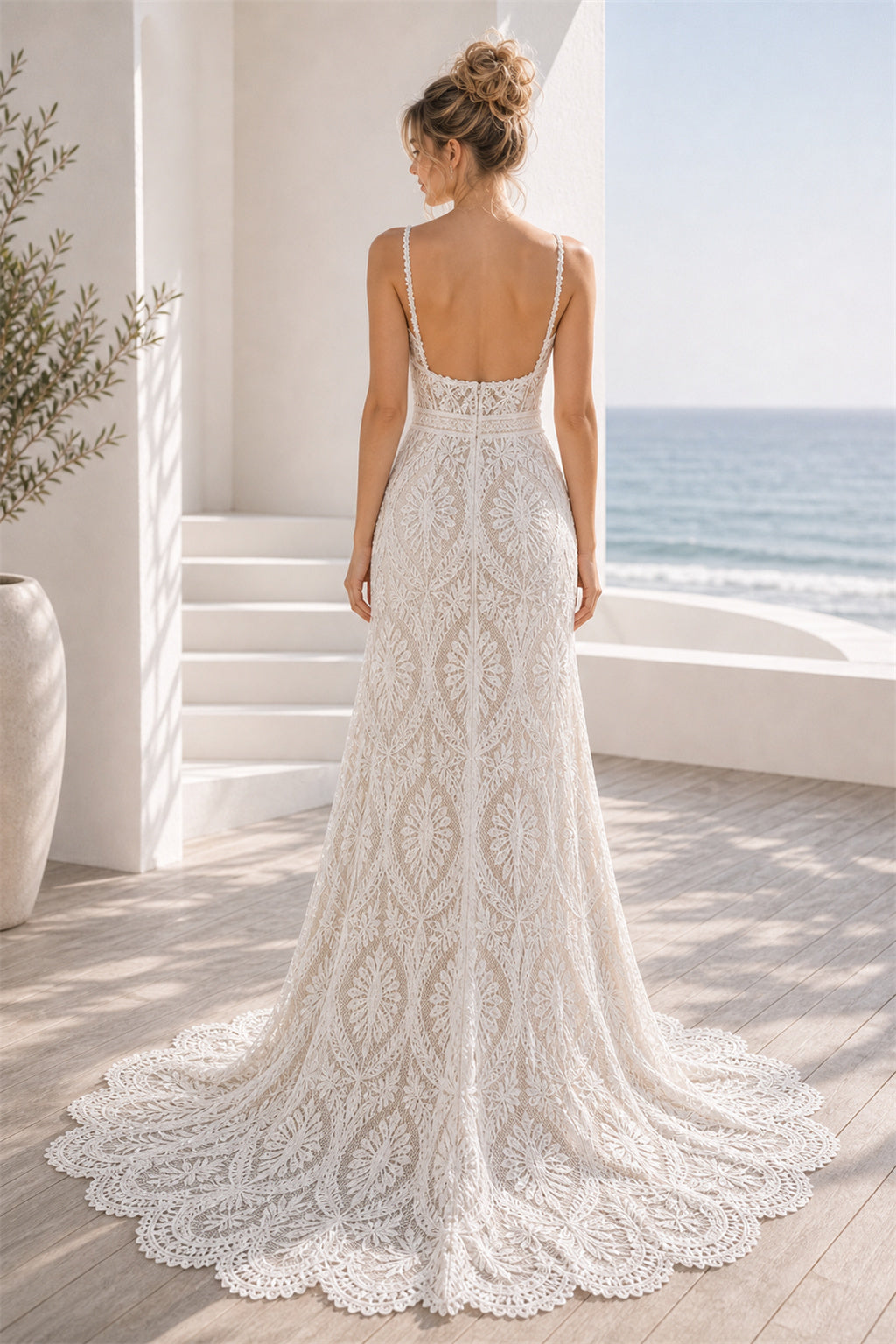 White Scoop Three-Quarter Sleeves Mermaid Lace Floor-length Wedding Dress With Lace and Open Back and Open Back