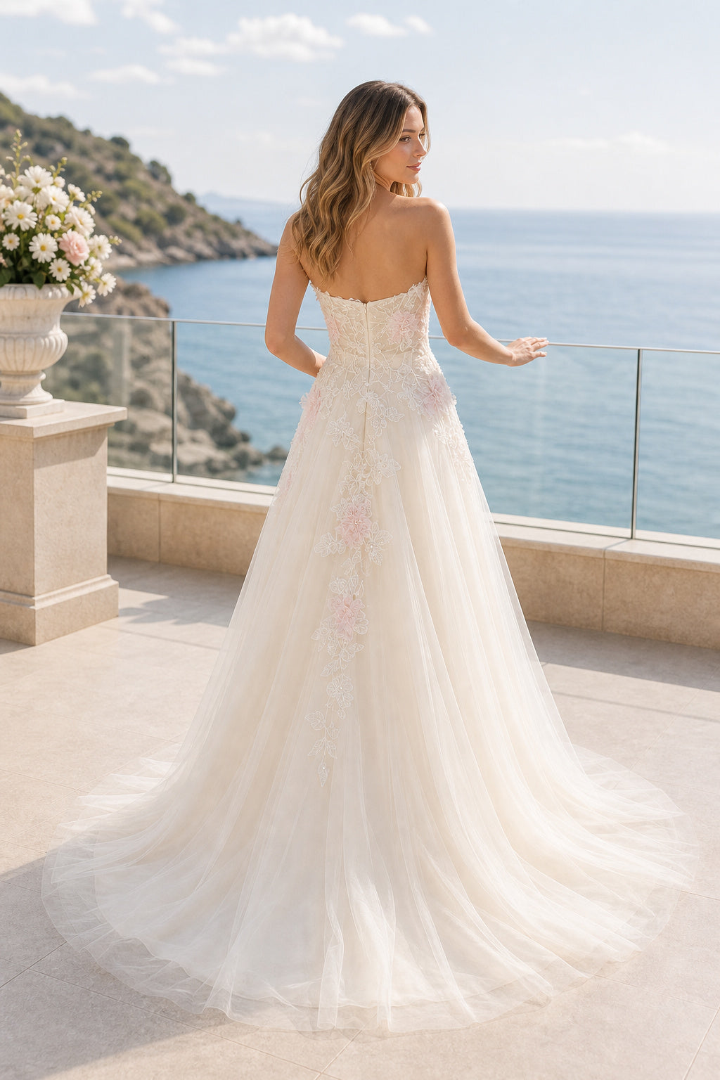 Champagne Off-the-shoulder A-Line Crepe Floor-length Wedding Dress With Front Slit and Beaded Waist and Open Back