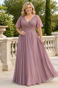 Dusty Rose Plus Size Chiffon A-Line Mother Dress with Lace Bodice and Flutter Sleeves front view