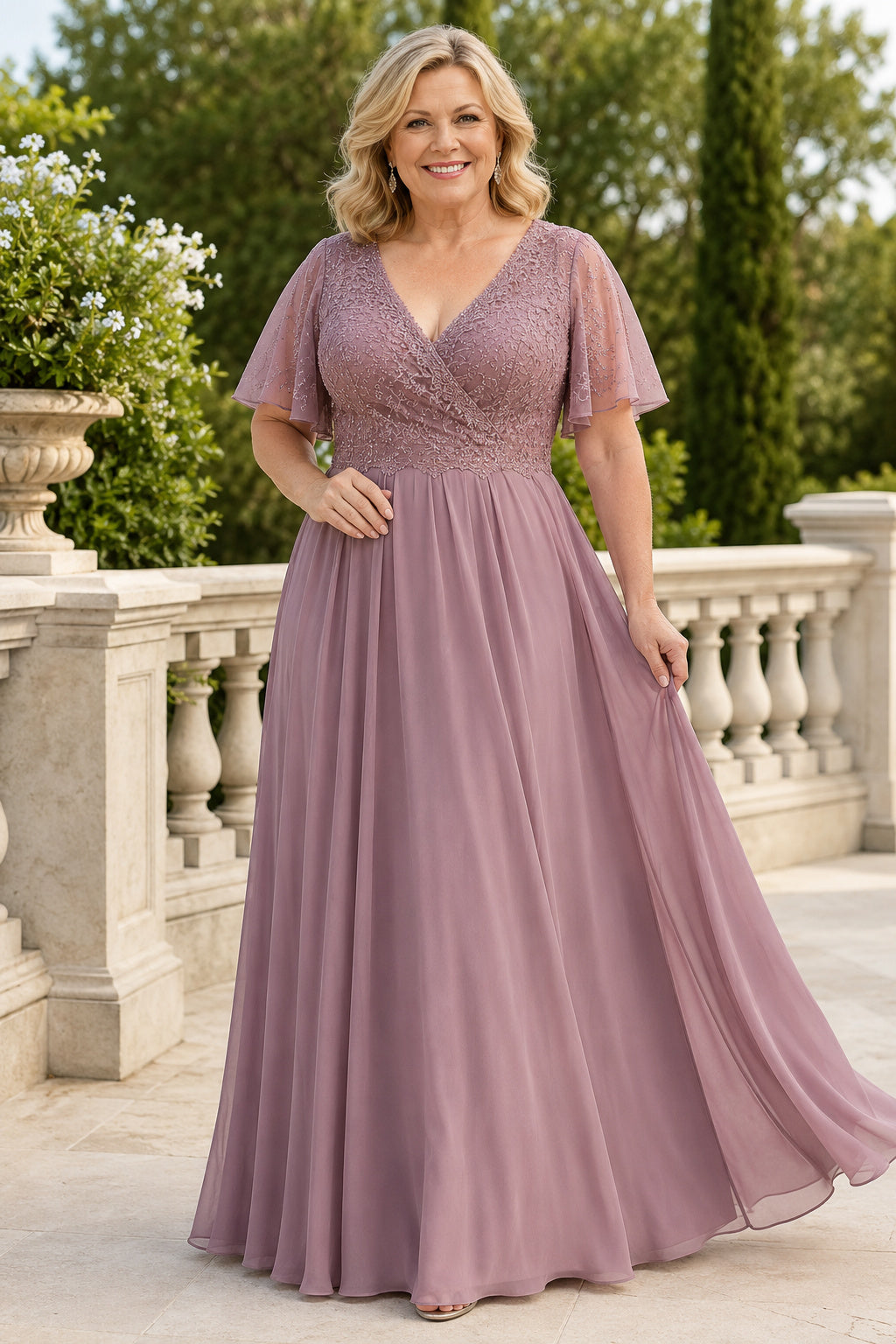 Dusty Rose Plus Size Chiffon A-Line Mother Dress with Lace Bodice and Flutter Sleeves front view