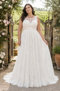 White Plus Size Jewel Neck Illusion Lace A-Line Wedding Dress with Sleeveless Bodice and Train front view