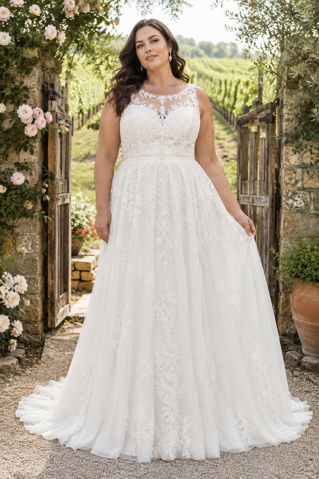 White Plus Size Jewel Neck Illusion Lace A-Line Wedding Dress with Sleeveless Bodice and Train front view