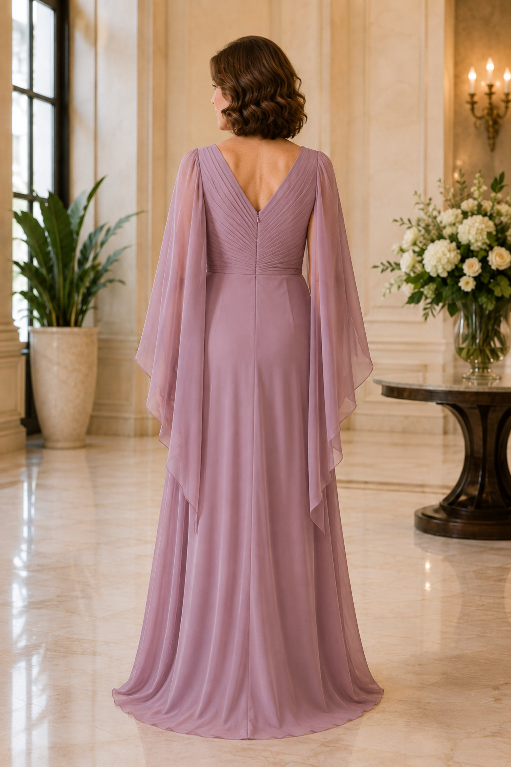 Vintage Mauve V-Neck Sheath Mother Dress with Chiffon Cape Sleeves and Ruching for Evening Reception back view