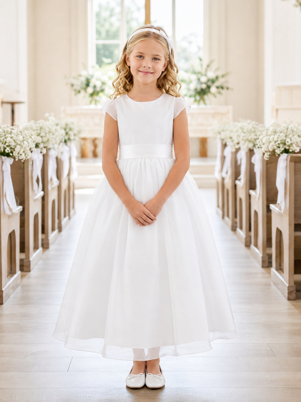 Simple Cap Sleeve Tulle Bow Communion Flowergirl Ankle Length Dress front view
