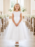Simple Cap Sleeve Tulle Bow Communion Flowergirl Ankle Length Dress front view