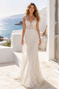Ivory Cap Sleeve V-Neck Lace Mermaid Wedding Dress Low Back Train for Bridal Ceremony and Reception front view