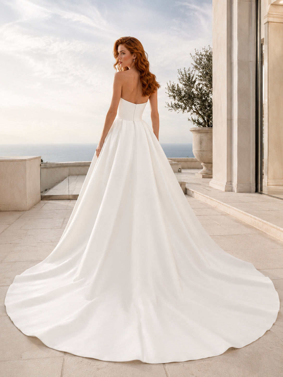 Minimalist Satin Wedding Dress Ball Gown Strapless Sweep Train Bridal Gown Style 722454 back view